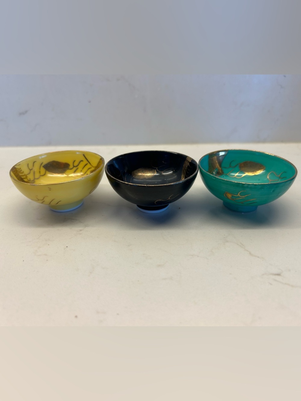 3 Vintage Japanese Porcelain Sake Cups Green/Black/Yellow. Sauce or Salt Cups